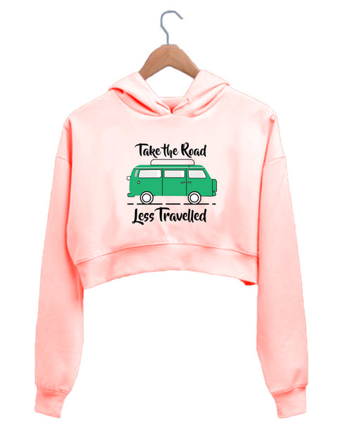 Quirkipedia TAKE THE ROAD LESS TRAVELLED TRAVEL Wanderlust, Biker Womens Crop Hoodies