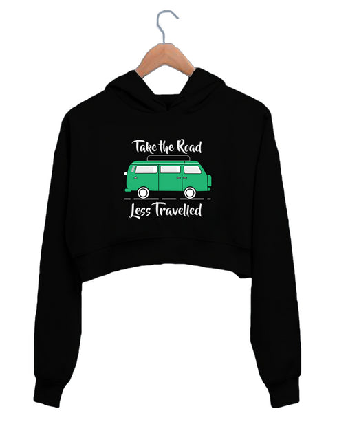 Quirkipedia TAKE THE ROAD LESS TRAVELLED TRAVEL Wanderlust, Biker Womens Crop Hoodies