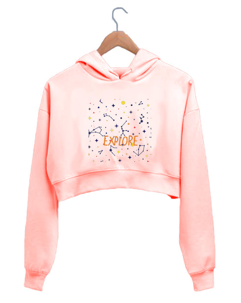 Quirkipedia EXPLORE -CONSTELLATION PATTERN TRAVEL Wanderlust Womens Crop Hoodies