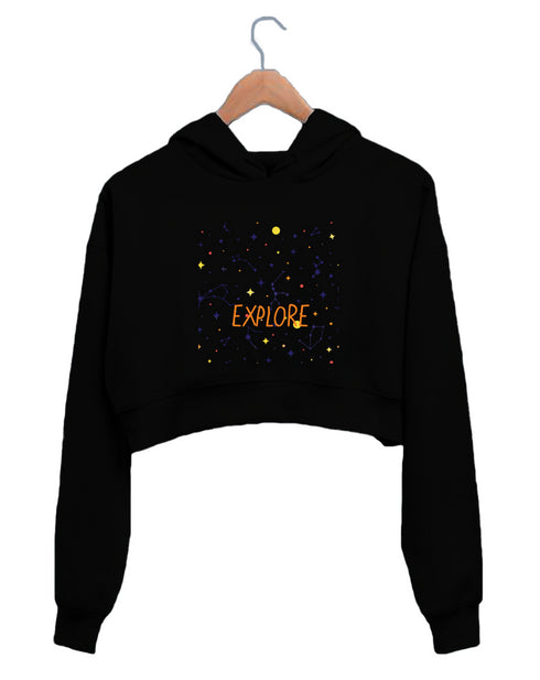 Quirkipedia EXPLORE -CONSTELLATION PATTERN TRAVEL Wanderlust Womens Crop Hoodies