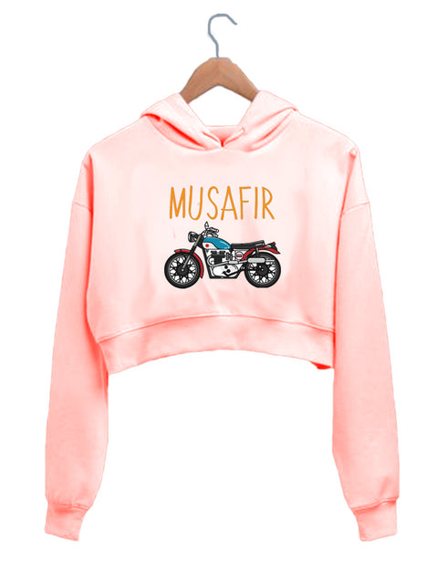 Quirkipedia MUSAFIR ENGLISH - WITH BIKE TRAVEL Wanderlust, Biker Womens Crop Hoodies