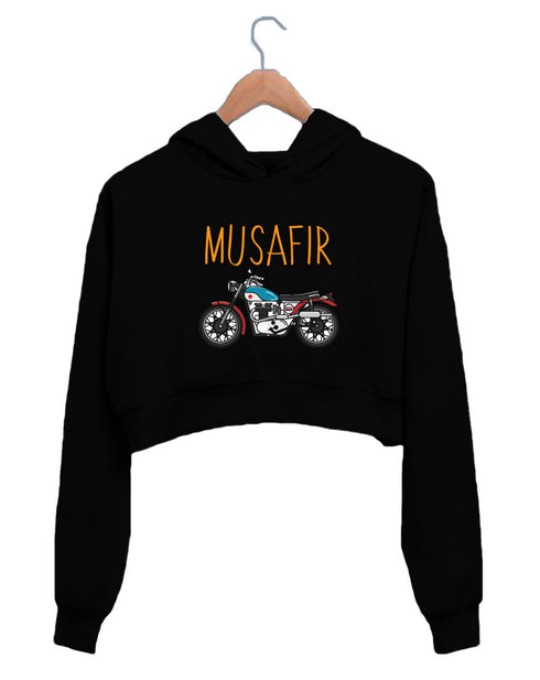 Quirkipedia MUSAFIR ENGLISH - WITH BIKE TRAVEL Wanderlust, Biker Womens Crop Hoodies