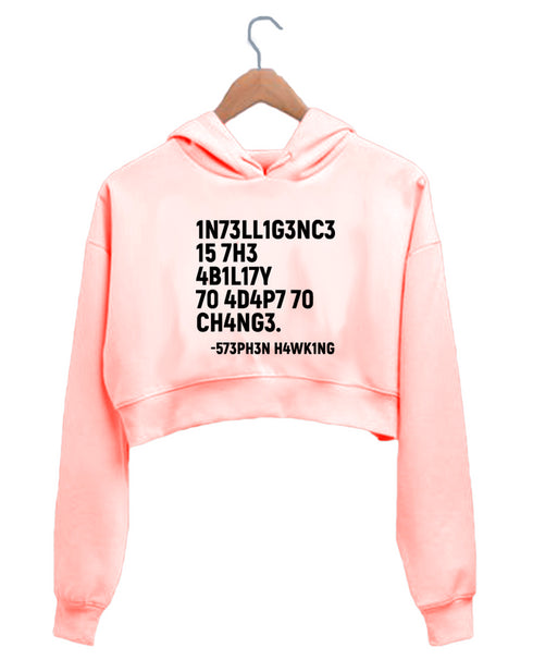 Quirkipedia INTELLIGENCE IS THE ABILITY TO ADAPT TO CHANGE PHYSICS Science, Nerd, Geeky Womens Crop Hoodies