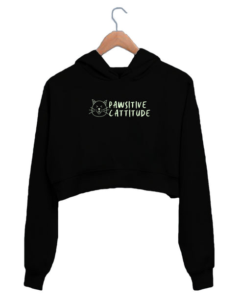 Quirkipedia Pawsitive Cattitude CATS Pets, Cute Womens Crop Hoodies