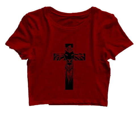 Cross with lion silhoutte Christianity Womens Crop Tops