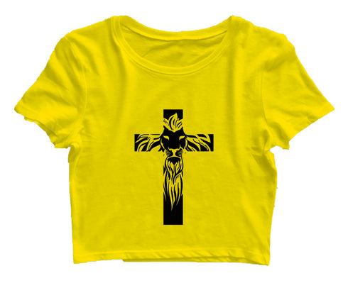 Cross with lion silhoutte Christianity Womens Crop Tops