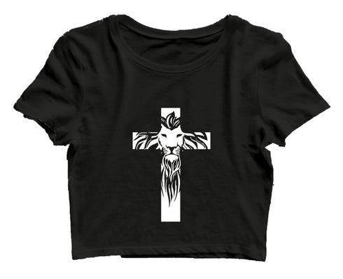 Cross with lion silhoutte Christianity Womens Crop Tops