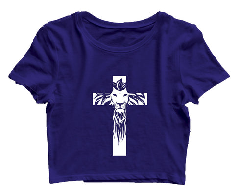 Cross with lion silhoutte Christianity Womens Crop Tops