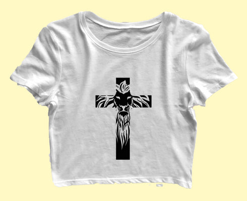 Cross with lion silhoutte Christianity Womens Crop Tops