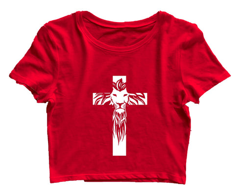 Cross with lion silhoutte Christianity Womens Crop Tops