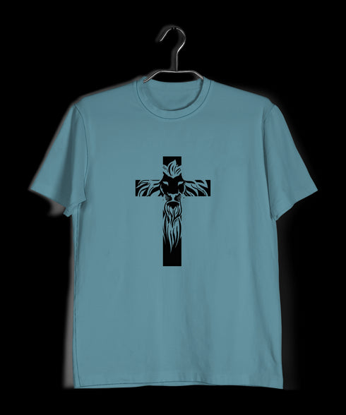 Cross with lion silhoutte Christianity Mens TShirts