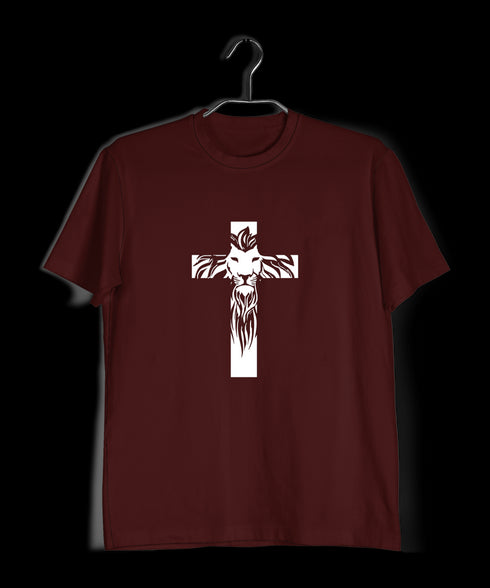 Cross with lion silhoutte Christianity Mens TShirts