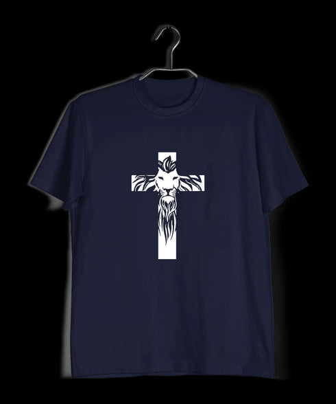 Cross with lion silhoutte Christianity Mens TShirts