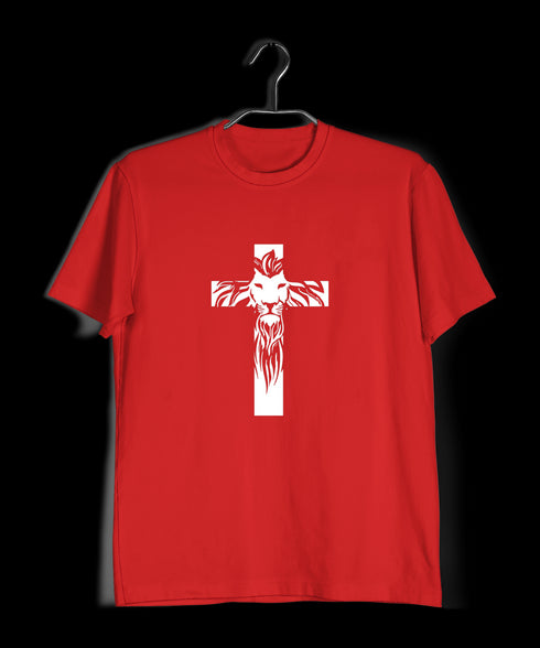 Cross with lion silhoutte Christianity Mens TShirts