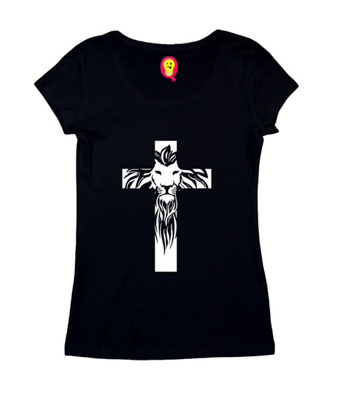 Cross with lion silhoutte Christianity Womens Tshirts