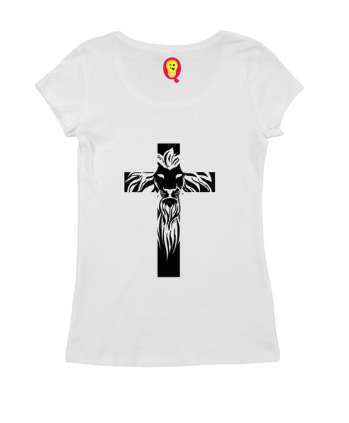 Cross with lion silhoutte Christianity Womens Tshirts