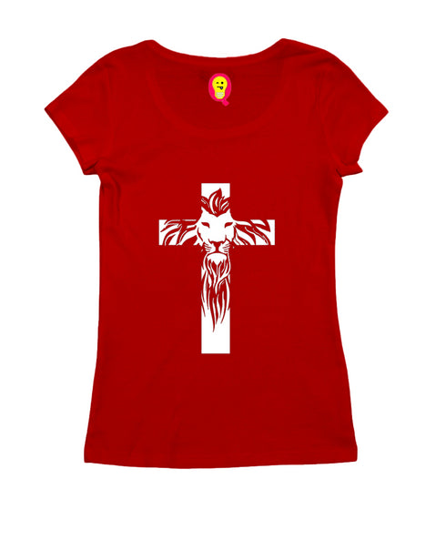 Cross with lion silhoutte Christianity Womens Tshirts
