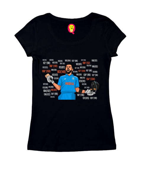 Quirkipedia Kohli Centuries Cricket Womens Tshirts
