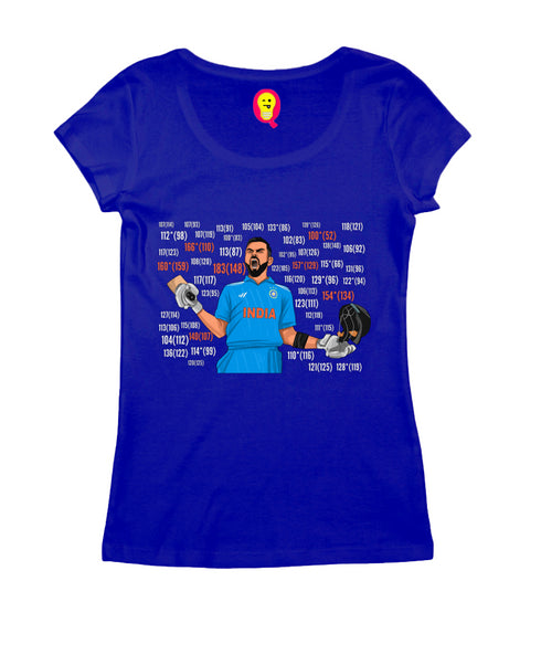Quirkipedia Kohli Centuries Cricket Womens Tshirts