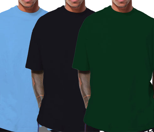 Aaramkhor Combo Gift Pack of 3 Oversized Baby Blue Black Bottle Green Tshirts for Men