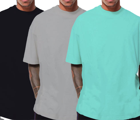 Aaramkhor Combo Gift Pack of 3 Oversized Baby Blue Black Bottle Green Tshirts for Men