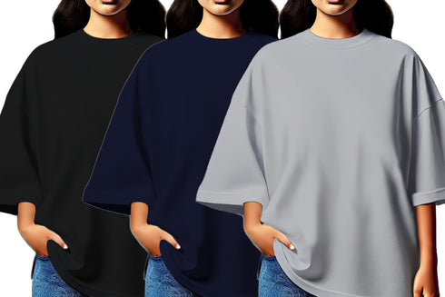 Aaramkhor Combo Gift Pack of 3 Womens_Oversized Black Navy Blue Grey Tshirts for Women