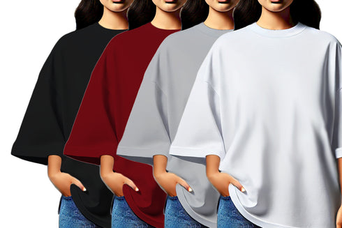 Aaramkhor Combo Gift Pack of 4 Womens_Oversized Black Navy Blue Grey White Tshirts for Women