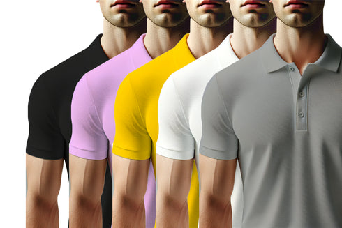 Aaramkhor Combo Gift Pack of 5 Polo Black Navy Blue Grey White Grey Tshirts for Men