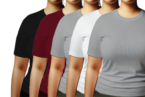 Aaramkhor Combo Gift Pack of 5 Womens Plussize Black Navy Blue Grey White Grey Tshirts for Women