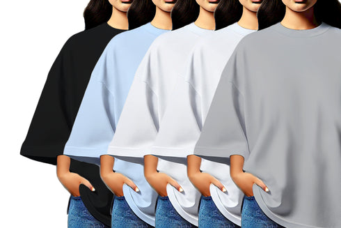 Aaramkhor Combo Gift Pack of 5 Womens_Oversized Black Navy Blue Grey White Grey Tshirts for Women