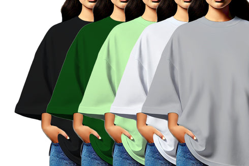 Aaramkhor Combo Gift Pack of 5 Womens_Oversized Black Navy Blue Grey White Grey Tshirts for Women