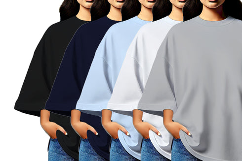 Aaramkhor Combo Gift Pack of 5 Womens_Oversized Black Navy Blue Grey White Grey Tshirts for Women