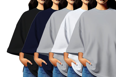 Aaramkhor Combo Gift Pack of 5 Womens_Oversized Black Navy Blue Grey White Grey Tshirts for Women