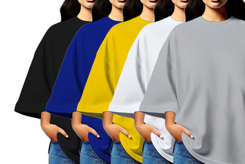 Aaramkhor Combo Gift Pack of 5 Womens_Oversized Black Navy Blue Grey White Grey Tshirts for Women