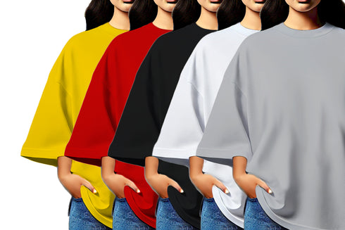 Aaramkhor Combo Gift Pack of 5 Womens_Oversized Black Navy Blue Grey White Grey Tshirts for Women