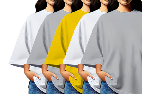 Aaramkhor Combo Gift Pack of 5 Womens_Oversized Black Navy Blue Grey White Grey Tshirts for Women