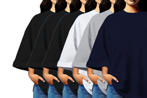 Aaramkhor Combo Gift Pack of 6 Womens_Oversized Black Navy Blue Grey White Grey Navy Blue Tshirts for Women