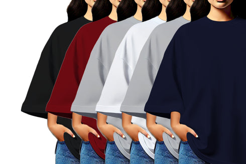 Aaramkhor Combo Gift Pack of 6 Womens_Oversized Black Navy Blue Grey White Grey Navy Blue Tshirts for Women