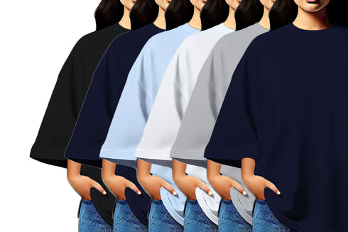 Aaramkhor Combo Gift Pack of 6 Womens_Oversized Black Navy Blue Grey White Grey Navy Blue Tshirts for Women