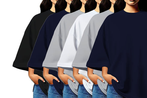 Aaramkhor Combo Gift Pack of 6 Womens_Oversized Black Navy Blue Grey White Grey Navy Blue Tshirts for Women