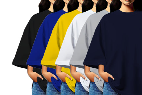 Aaramkhor Combo Gift Pack of 6 Womens_Oversized Black Navy Blue Grey White Grey Navy Blue Tshirts for Women