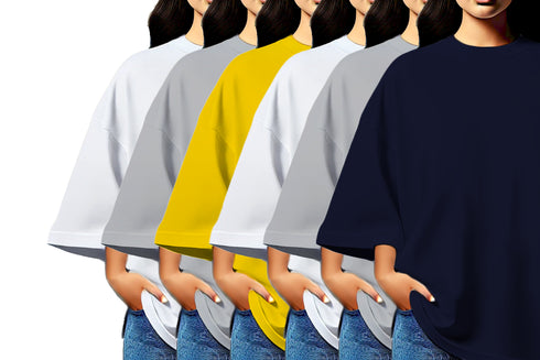 Aaramkhor Combo Gift Pack of 6 Womens_Oversized Black Navy Blue Grey White Grey Navy Blue Tshirts for Women