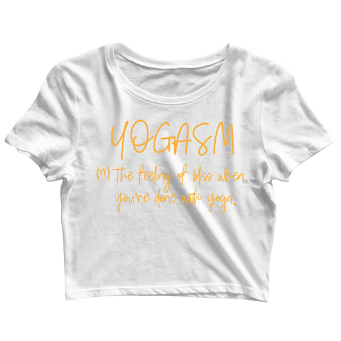 YogaPuns Fitness Wordplay Yoga YOGASM Custom Printed Graphic Design Crop Top T-Shirt for Women