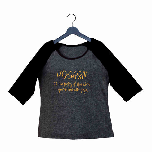 YogaPuns Fitness Wordplay Yoga YOGASM Custom Printed Graphic Design Raglan T-Shirt for Women