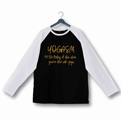 YogaPuns Fitness Wordplay Yoga YOGASM Custom Printed Graphic Design Raglan T-Shirt for Women