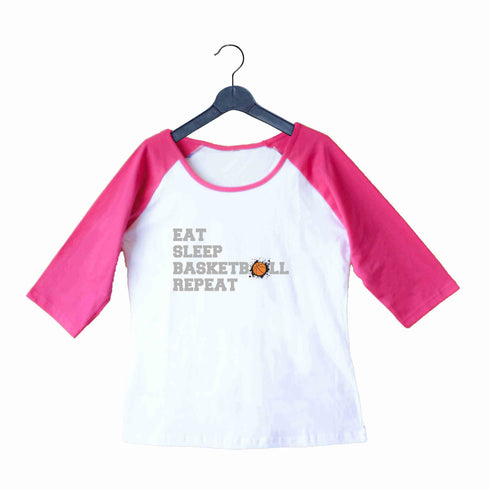 Sports Basketball Eat Sleep Basketball Repeat Custom Printed Graphic Design Raglan T-Shirt for Women