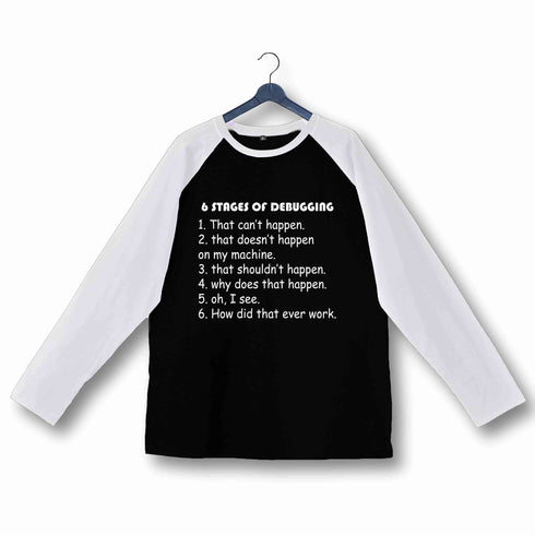 Coding Nerd Engineering STAGES OF DEBUGGING Custom Printed Graphic Design Raglan T-Shirt for Women